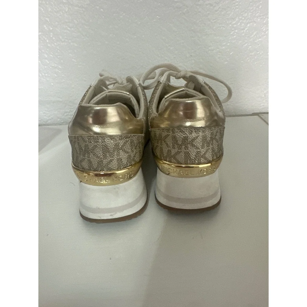 Michael Kors Sneakers Platform Gold Glitter Logo Lace Up Casual Shoes - Picture 3 of 9
